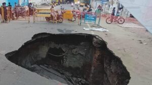 Portion of Perambur Barracks Road caves in, damages sewer line