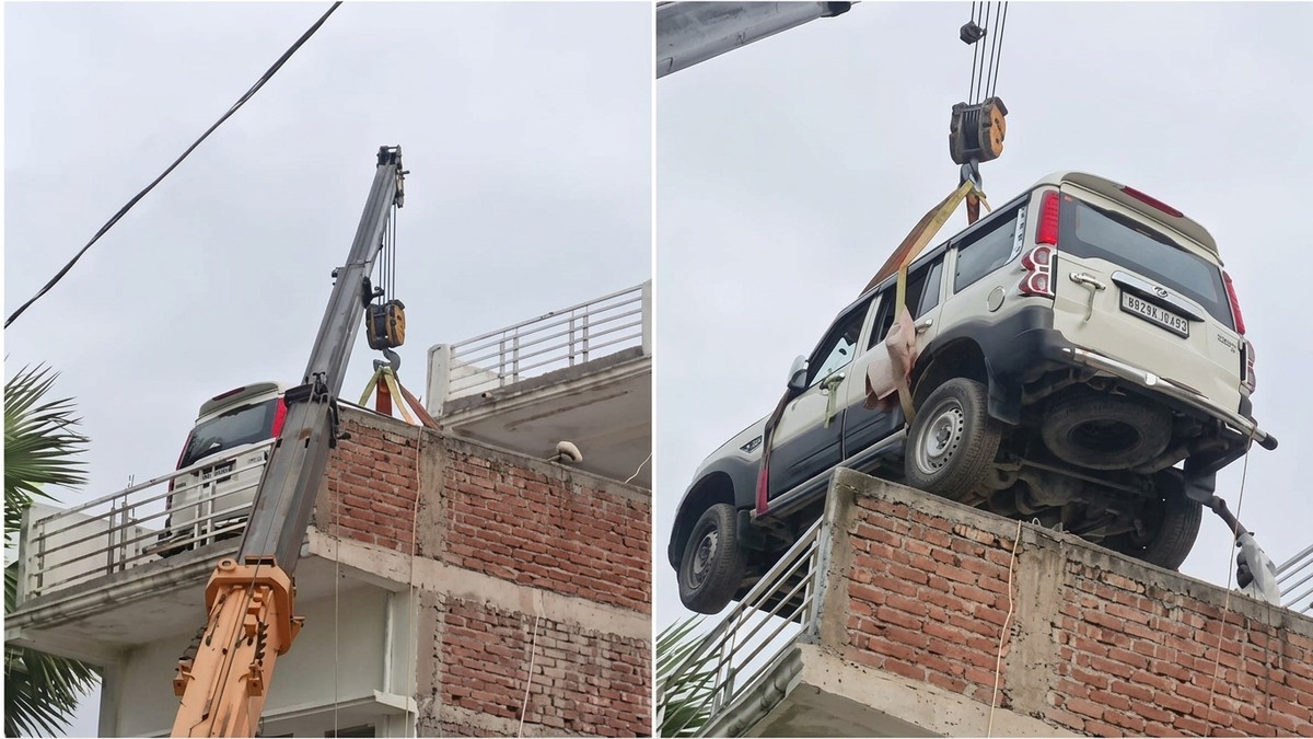 கார் திருட்டு போகக்கூடாதாம்.. 2வது மாடியில் ஸ்கார்பியோவை தூக்கி வைத்த நபர்.. வினோதம்!